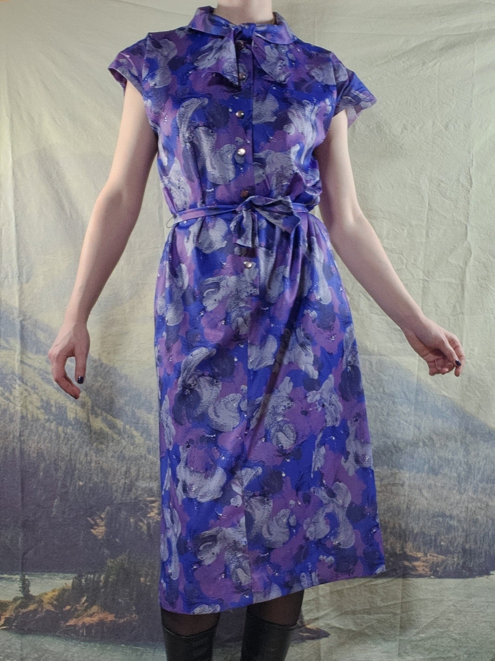 Vintage Purple Abstract Cap Sleeve Midi Dress with Tie Waist